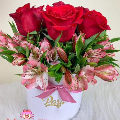 box con 9 rosas y astromelias