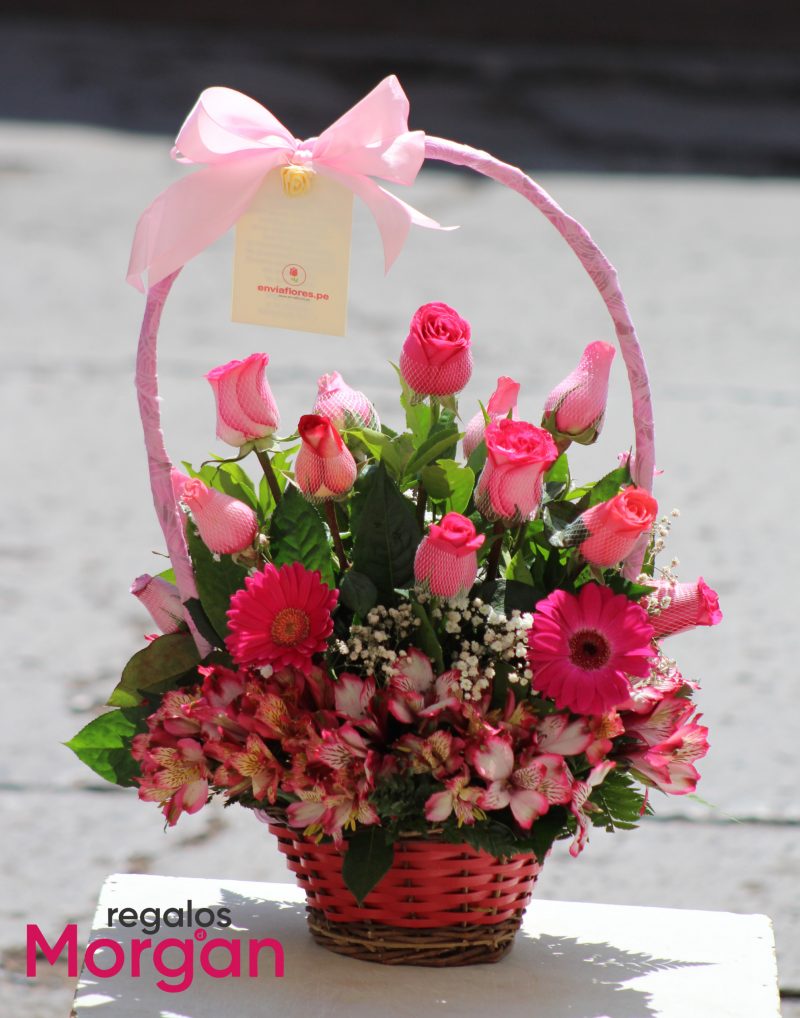 canasta con 12 rosas, 2 gerberas, mas astromelias