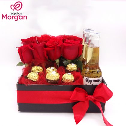 "Sabor y Romance: Caja Especial con Cervezas, Rosas y Chocolates"