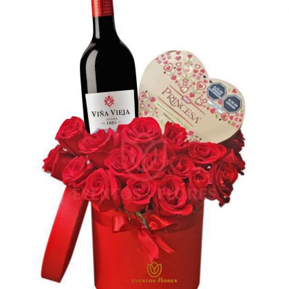 Box con lazo, 17 rosas rojas, vino premium y chocolate princesa