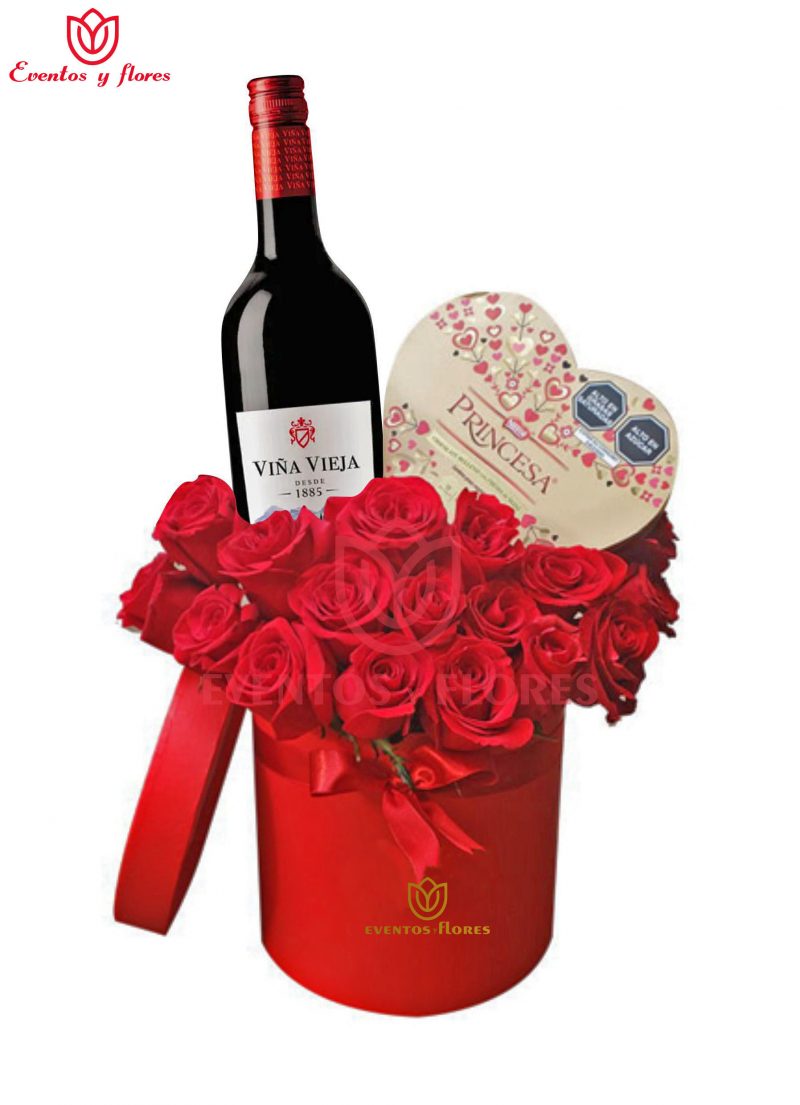 Box con lazo, 17 rosas rojas, vino premium y chocolate princesa