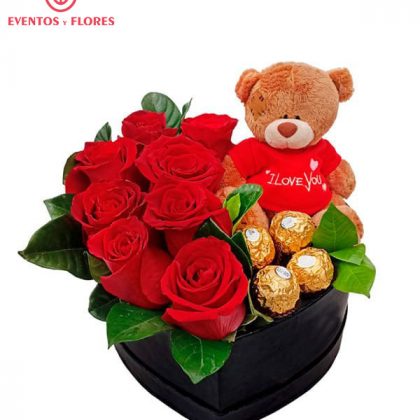 box corazon con peluche y chocolate