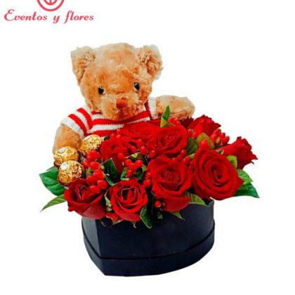 Box de 10 Rosas, 3 Chocolates y Peluche