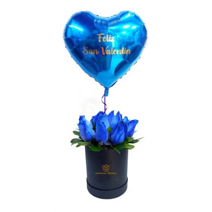 Box Azul de Ensueño con 12 Rosas y Globo Metálico