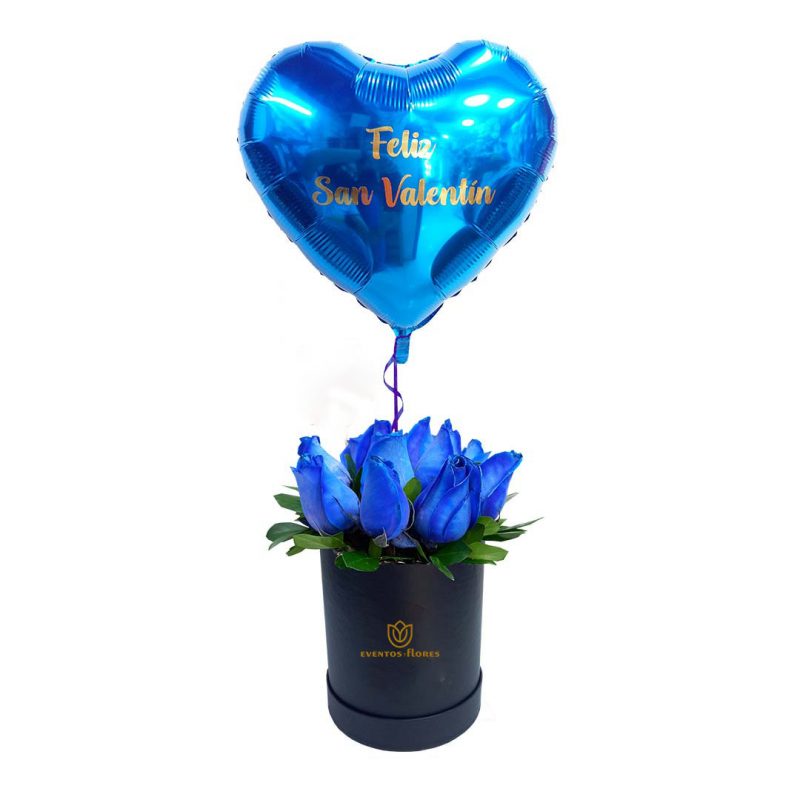 Box Azul de Ensueño con 12 Rosas y Globo Metálico