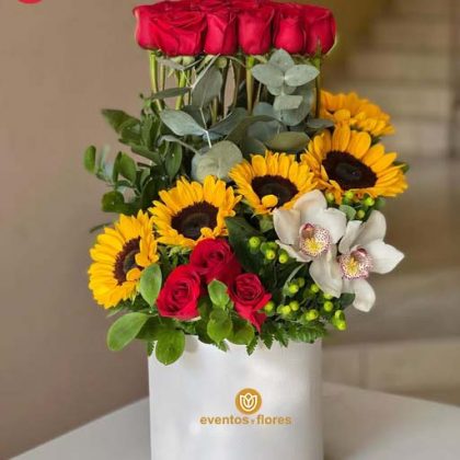Box Blanco – 20 Rosas Rojas, 5 Girasoles y 2 Lirios + Tarjeta