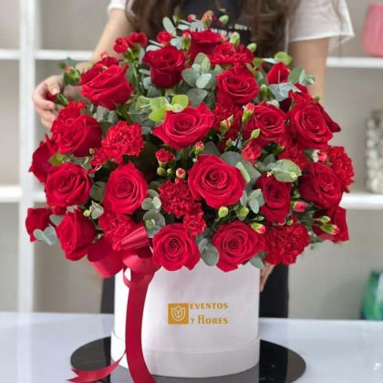 Box de Rosas Rojas & Claveles con Follaje + Tarjeta