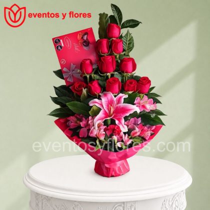 arreglo floral con chocolate  mixtura 125gr.
